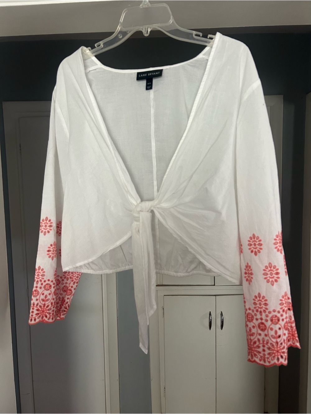 Lane Bryant White Tie-Front Blouse with Eyelet Embroidered Sleeves